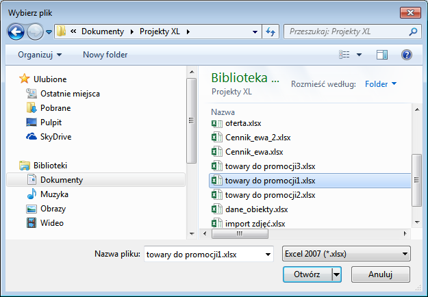 Rysunek 34 Okno wyboru pliku Po wskazaniu pliku nastąpi wczytanie towarów. Identyfikacja towaru następuje po kodzie podstawowym towaru.