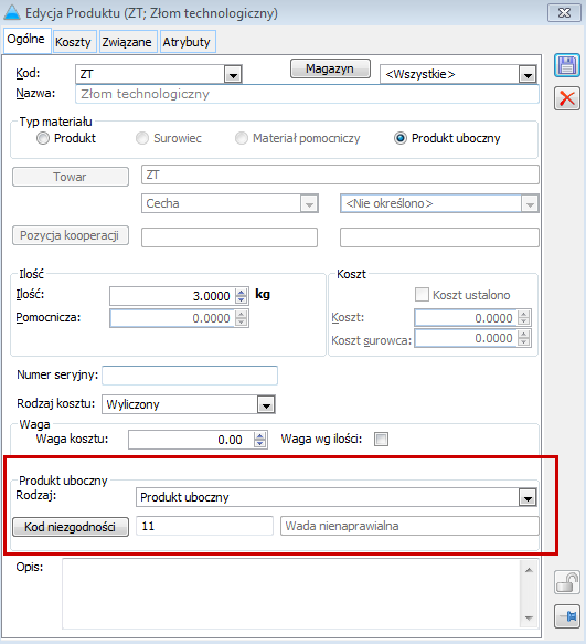 Rysunek 54 Produkt uboczny, rejestrowany na zleceniu produkcyjnym, z możliwością wskazania rodzaju produktu ubocznego