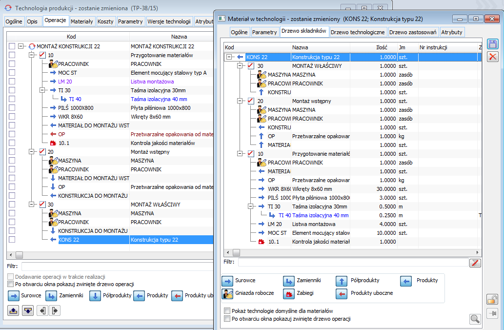 2.3 Rozbudowanie raportowania dla materiału w technologii W oknie materiału w technologii zostały udostępnione nowe zakładki: Drzewo składników, Drzewo technologiczne i Drzewo zastosowań.