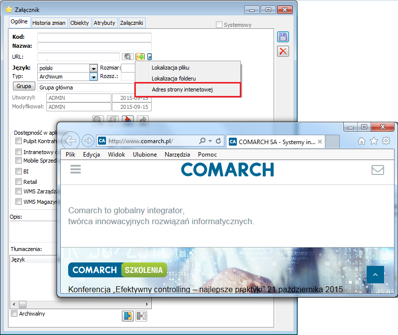 Rysunek 82 Otwieranie domyślnej przeglądarki za pomocą opcji: Adres strony internetowej Załącznik, dodany jako link można nadpisać, poprzez wykonane na nim zmiany, np.