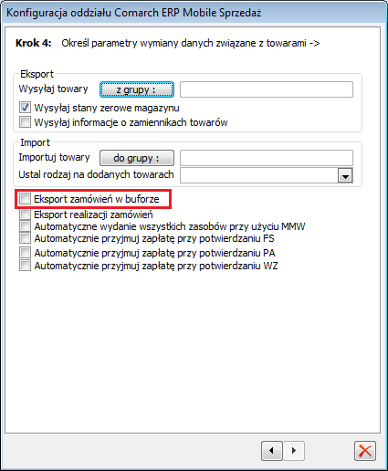 Rysunek 87 Parametr: Eksport zamówień w buforze w oknie Konfiguracji oddziału Comarch