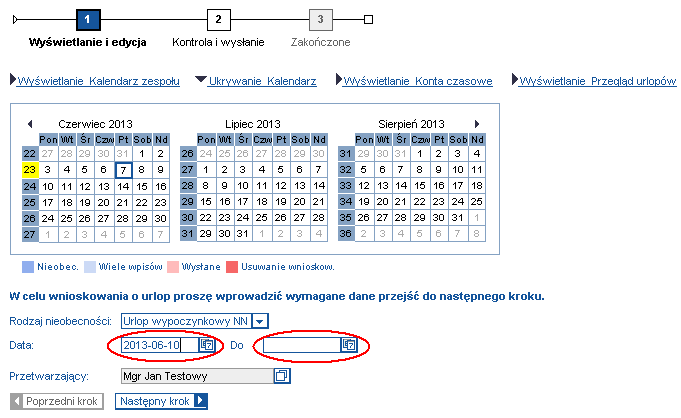 B. Wypełnienie i wysłanie wniosku B.1 Określenie dat Po wciśnięciu przycisku Złóż wniosek o nieobecność wyświetlony zostanie ekran pozwalający zdefiniować okres urlopu.