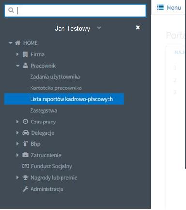 Lista raportów kadrowo-płacowych jest dostępna po rozwinięci Menu, z którego wybieramy opcje Pracownik z następnie Lista raportów kadrowo-płacowych. Poniżej widzimy okno z raportami.