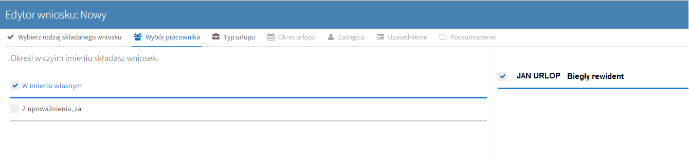 4.1.1. Wniosek o urlop wypoczynkowy składany w imieniu własnym Krok pierwszy: Rodzaj urlopu Uruchomienie procesu składania wniosku rozpoczynamy przez wskazanie rodzaju urlopu.