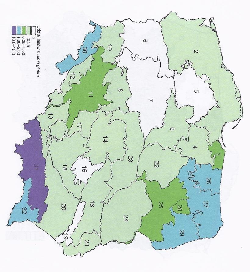 Powierzchniowy udział [%] lasów w