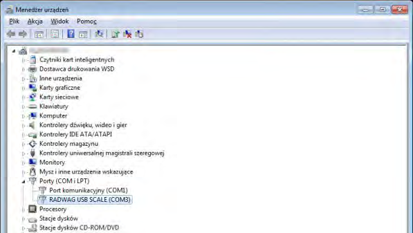 4. Sprawdzić we właściwościach komputera, pod jakim numerem został zainstalowany wirtualny COM: Dla tego przypadku jest to RADWAG USB SCALE (COM3). 5. Ustawić odpowiednio parametry wagi: parametr P4.