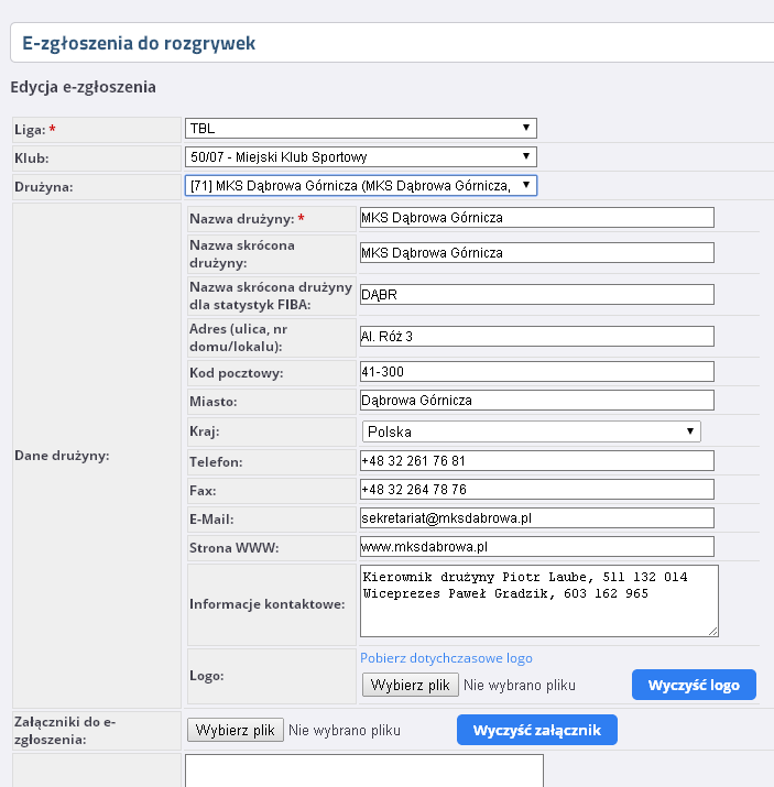 Wyboru istniejącej drużyny należy dokonać w wierszu DRUŻYNA, gdzie dostępne są opcje: - [71] MKS Dąbrowa Górnicza (MKS Dąbrowa Górnicza, ) drużyna istniejąca w poprzednim(-ch) sezonie(-ach) o nazwie