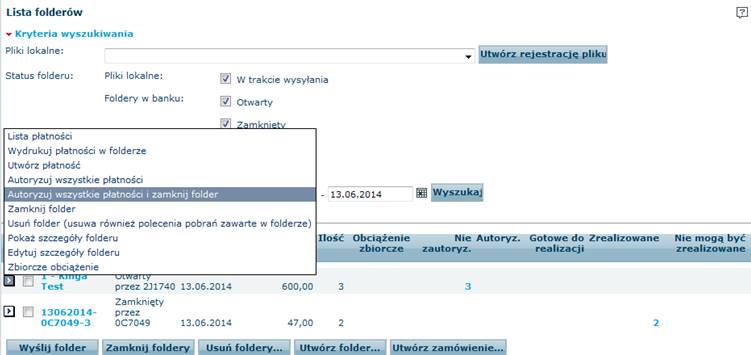 Zapisz i autoryzuj płatności w folderze Autoryzacja z poziomu Lista folderów Kiedy wysłałeś plik do Banku lub stworzyłeś w systemie Business Online płatność, która wymaga zamknięcia folderu i / lub