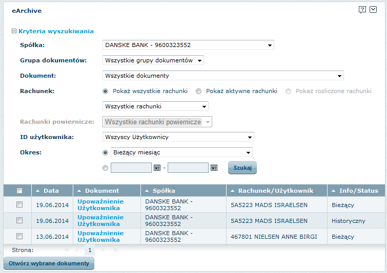 earchive - Archiwum Elektroniczne Wszystkie dokumenty na ekranie mogą być wybrane za pomocą jednego zaznaczenia okienka w linii wyborów powyżej dokumentami.