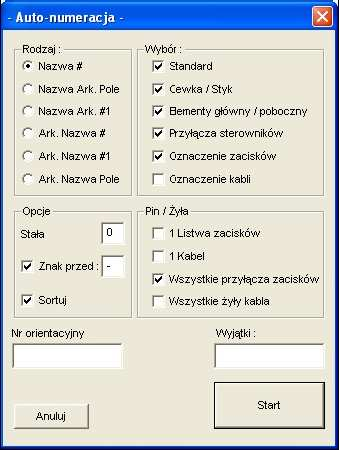 Numeracja automatyczna Automatycznej numeracji podlegają: oznaczenia symboli, jak równieŝ przyłącza zaciskowe i Ŝyły kabli.