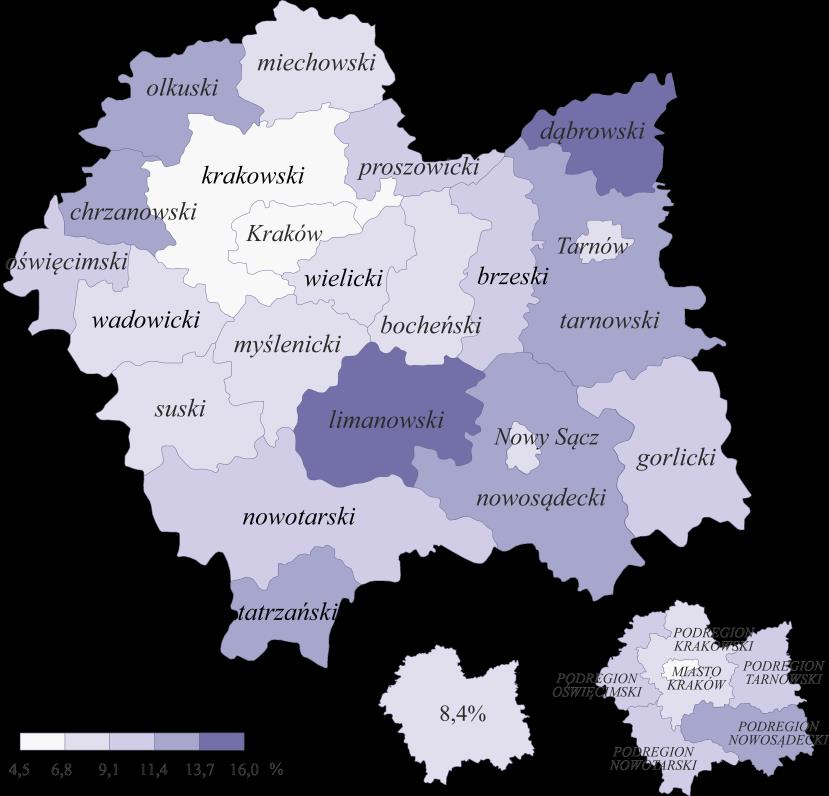 40 RAPORT O SYTUACJI SPOŁECZNO-GOSPODARCZEJ WOJEWÓDZTWA MAŁOPOLSKIEGO W 2015 R. Choć rozpiętość pomiędzy najniższą i najwyższą wartością wskaźnika w powiatach w skali roku zmniejszyła się o 0,3 p.