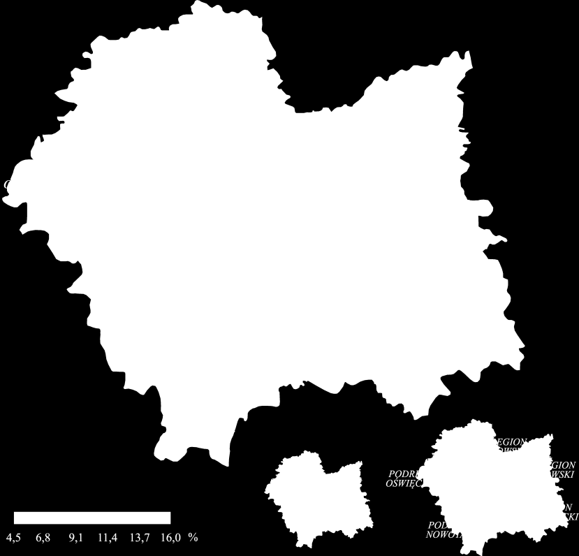 Najwyższą stopę bezrobocia odnotowano w powiatach: dąbrowskim (16,0%), limanowskim (13,8%) oraz nowosądeckim (13,6%), zaś najniższą w mieście Krakowie (4,5%) oraz powiatach: krakowskim (6,8%) i