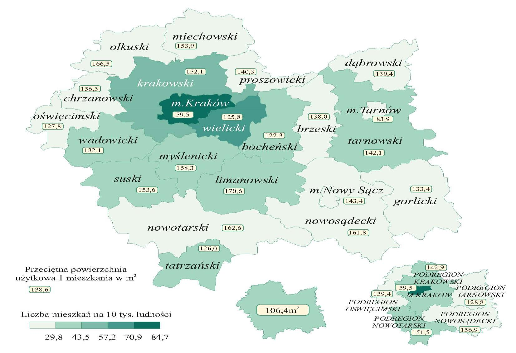 BUDOWNICTWO MIESZKANIOWE 81 Wyk. 56. Mieszkania oddane do użytkowania w województwie małopolskim według podregionów i powiatów w 2014 r. Tabl. 22.