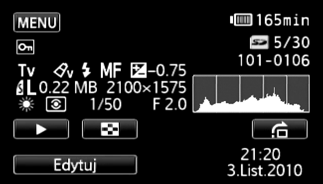 Przeglądanie zdjęć Panel informacji Exif Gf Przycisk sterowania: otwieranie menu konfiguracji (0 145) Gg Symbol ochrony zdjęcia (0 109) Gh Bieżące zdjęcie / łączna liczba zdjęć Gj Numer zdjęcia (0