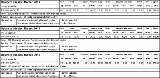 8.1. Informacje dla rodziców o wpłatach (kwitariusz). Przykład wydruku pokazano poniżej.