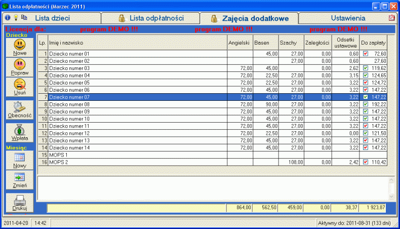 11. Zajęcia dodatkowe. O ile placówka prowadzi i chce rozliczać w programie zajęcia dodatkowe, konieczne jest ich zdefiniowanie (zobacz 2.4. Zajęcia dodatkowe).