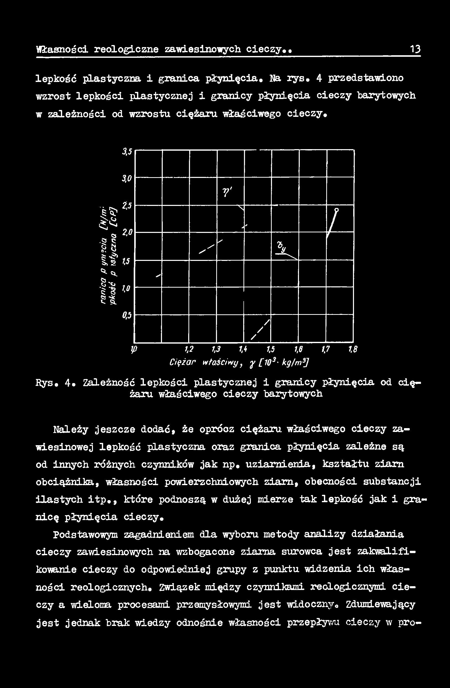 Zależność lepkości plastycznej i granicy płynięcia od ciężaru właściwego cieczy barytowych Należy jeszcze dodać, że oprócz ciężaru właściwego cieczy zawiesinowej lepkość plastyczna oraz granica