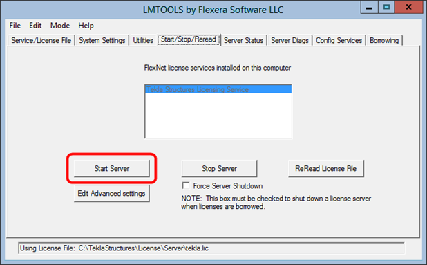 Na liście stanów w wierszu License server status podane są: port TCP/IP i nazwa hosta serwera licencyjnego.