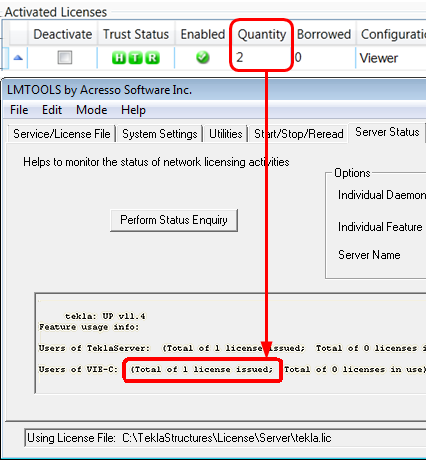 Nie zgadza się liczba licencji aktywowanych w aplikacji Tekla Structures License Administration Tool i w aplikacji LMTOOLS.