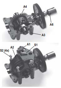 Koło stożkowe dyferencjału A4 i tylny most włączając koło zębate A6, są dostarczone jako złożone elementy. Połącz koło stożkowe dyferencjału A4 i tylną oś A6 w dolną część obudowy A3.