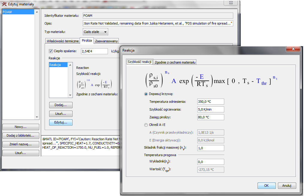 Rys.2. Ustawienia reakcji pirolizy. Kolejnym krokiem będzie stworzenie dla zadanych materiałów odpowiedniej powierzchni warstwowej, a następnie zaznaczenie opcji pozwól przeszkodom na wypalanie się.