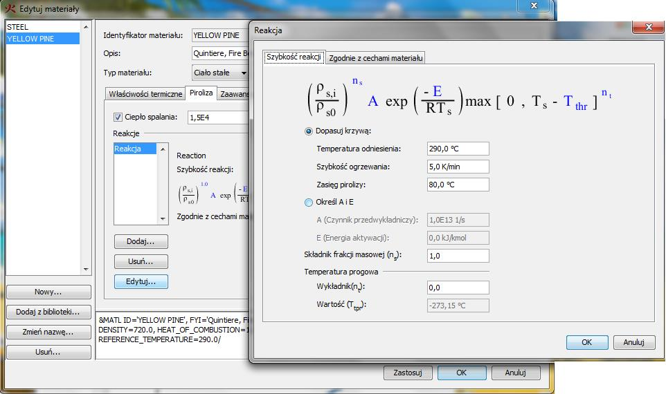 Rys.3. Ustawienia reakcji pirolizy dla drewna.