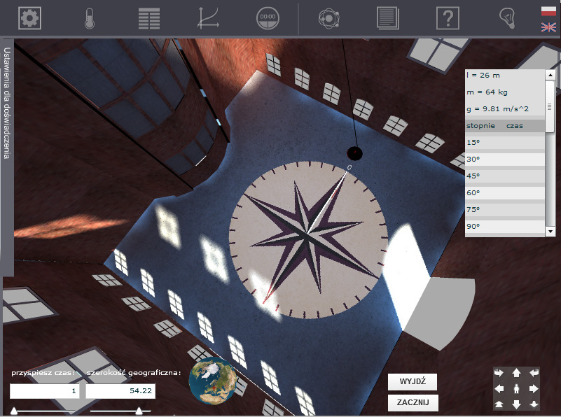 Rys. 2.10.1 Wahadło Foucault Użytkownik może zmienić tempo upływu czasu, aby łatwiej zaobserwować ruch wahadła Foucault. Do tego celu służy suwak przyspiesz czas, który przyspiesza fizykę zagadnienia.