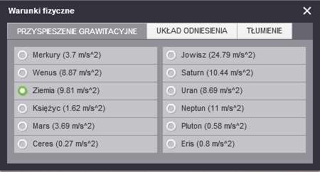 Rys. 2.2.1 Warunki fizyczne, zakładka Przyspieszenie grawitacyjne Opcje na zakładce Układ odniesienia to: laboratorium (domyślnie), winda i pociąg (Rys. 2.22).