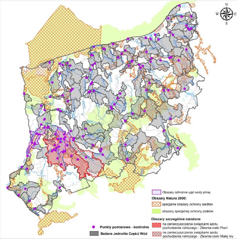 Ryc. 18 Lokalizacja punktów pomiarowo-kontrolnych i jednolitych wód rzecznych w województwie zachodniopomorskim w latach 2011-2014 Źródło: Stan