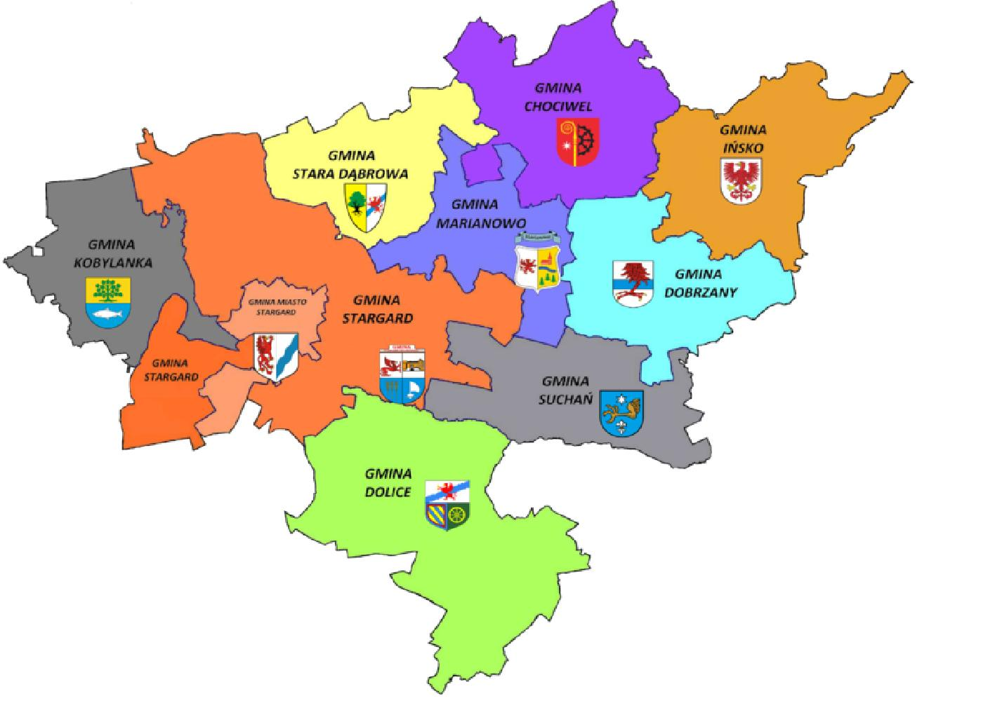 Największą powierzchnię zajmuje gmina wiejska Stargard, a następnie gmina Ińsko i Dolice, natomiast do najmniejszych zaliczyć można: gminę miejską Stargard, gminę Marianowo oraz gminę Stara Dąbrowa.