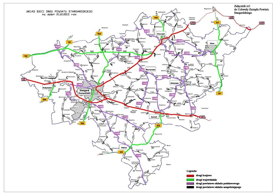 Ryc. 5 Układ sieci dróg powiatu stargardzkiego (stan na rok 2015) Źródło: Zarząd Dróg Powiatowych w Stargardzie W poniższej tabeli przedstawiony został wykaz dróg wojewódzkich na terenie powiatu