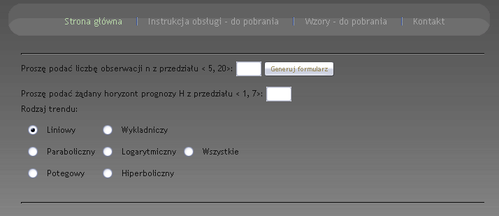 Rysunek 1. Strona główna aplikacji do prognozowania na podstawie trendów. Po poprawnym wypełnieniu trzech powyższych pól użytkownik po wciśnięciu Generuj formularz.