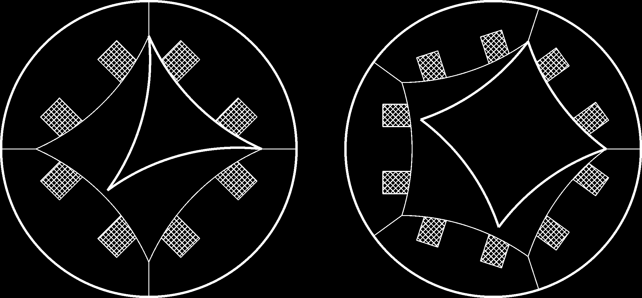 Rysunek 2. Przykładowe konstrukcje silników z niecylindrycznym wklęsłym wirnikiem dla liczby pasm fazowych m=3, 4. a) b) Rysunek 3.