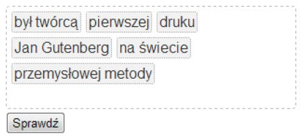 W oknie slajdu, po wybraniu narzędzia Rozsypanka pojawia się okno z przykładowym zdaniem.