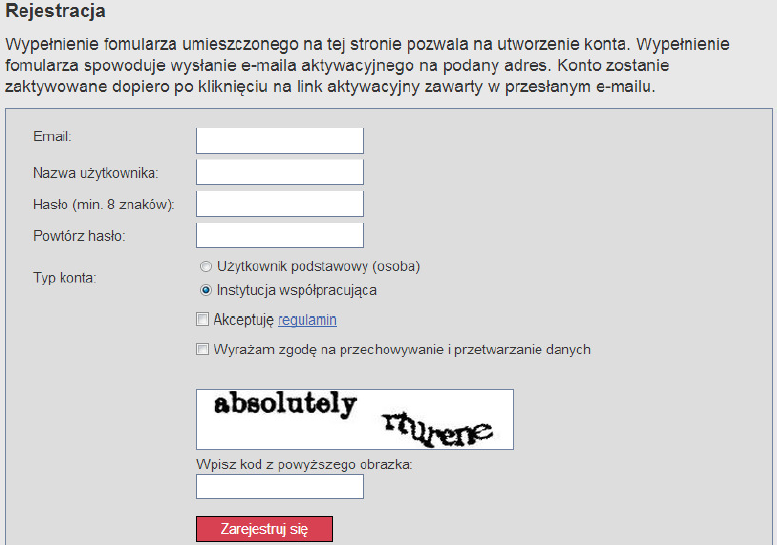 Logowanie po raz pierwszy wymaga wypełnienia formularza rejestracyjnego, gdzie definiowany jest login i hasło użytkownika.