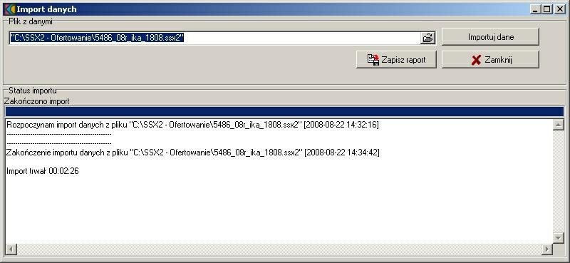 Dół okna zawiera komunikaty o ewentualnych błędach podczas procesu oraz w czasie trwania importu. 5.