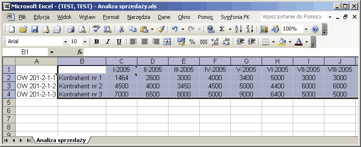 Tworzenie własnego arkusza 101 Rys. 5-12 Arkusz Excela z zaznaczonym obszarem danych. Następnie wybierając polecenie Wykres z menu Wstaw uruchom kreatora wykresów.