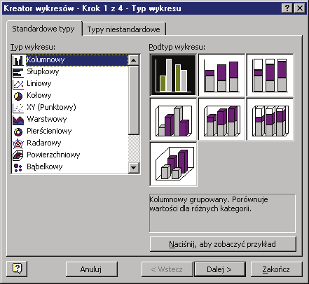 Przejście pomiędzy kolejnymi oknami kreatora jest realizowane przez wybór przycisku polecenia Dalej> lub <Wstecz. Pierwsze okno umożliwia wybór typu i podtypu wykresu. Rys.