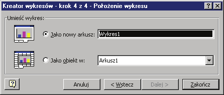 Ich szczegółowy opis jest dostępny w dokumentacji programu Excel. W ostatnim okno kreatora wskaż sposób usytuowania wykresu w skoroszycie.