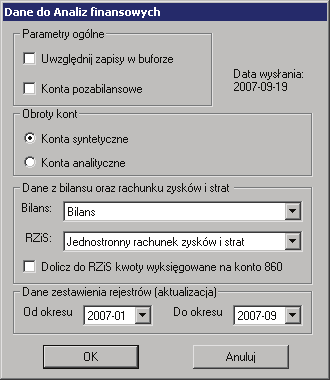8 Rozdział 1 Rys. 1-2 Okno dialogowe raportu Dane do Analiz Finansowych.