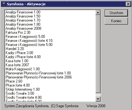 Podstawowe zasady obsługi programu 17 Rys. 1-8 Okno programu obsługi aktywacji. Z menu Analizy Finansowe należy wybrać numer wersji.