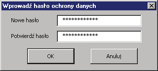 Podstawowe zasady obsługi programu 21 Rys. 1-12 Okno Wprowadź hasło ochrony danych. W pola Nowe hasło i Potwierdź hasło należy wprowadzić hasło użytkownika.