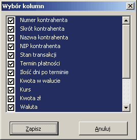 56 Rozdział 2 Opcje: Rok i Miesiąc dotyczą daty dokumentu zaimportowanego z programu Finanse i Księgowość. Po terminie Przedział okresu w dniach po terminie płatności lub Wszystkie.