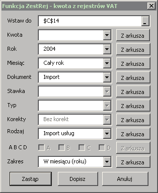 Polecenia menu programu Symfonia FK 65 Rys. 2-26 Okno kreatora funkcji ZestRej. Wstaw do W tym polu należy wskazać komórkę, do której powinna być wstawiona wybrana funkcja.