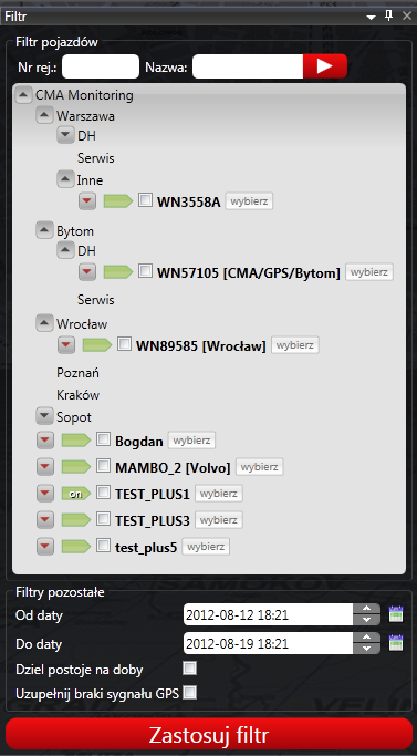 Okno filtra składa się z 2 zasadniczych sekcji: Filtr pojazdów filtr pojazdów jest widoczny zawsze i jego widoczność nie jest zależna od typu aktywnego okna dokumentu.