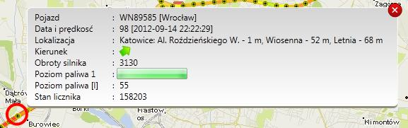 Pobranie i wyświetlenie rozszerzonych informacji o punkcie trasy następuje po wskazaniu punktu na mapie i kliknięciu lewego przycisku myszy.