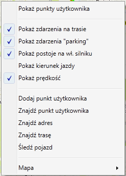 Mapy. Funkcje menu kontekstowego mapy w trybie trasy na mapie : Pokaż punkty użytkownika włącza prezentację na mapie uprzednio utworzonych punktów użytkownika.