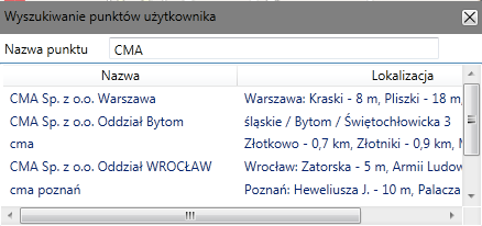 W celu wyszukania punktu należy wprowadzić jego nazwę lub początkowe litery nazwy w polu Nazwa punktu.