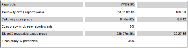 Czas pracy pojazdu Prezentuje pracę pojazdu w konkretnych dniach podanego okresu.