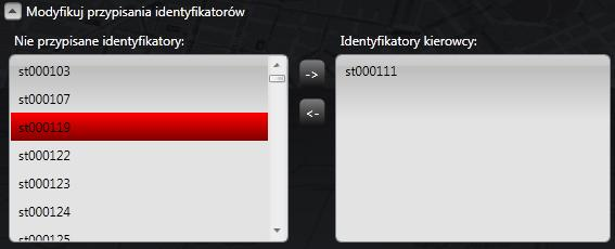 Modyfikuj przypisania identyfikatorów Pozwala na przypisanie identyfikatorów (breloków) kierowców do wybranego obiektu kierowcy.